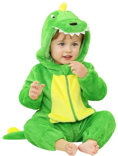 DiULi Combinaison Dinosaure Bébé Enfant Flanelle Douce Capuche, Pyjama Déguisement Halloween Noël Anniversaire, Double Fermeture Éclair Pratique, Facile à Laver