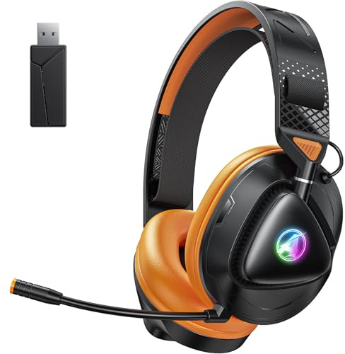 Awinnasey PH3 Wireless Gaming Headset for PS5, PS4, Switch, PC, Mac, Bluetooth Headphones with Removable Microphone, Lightweight Bluetooth Headset with RGB Light, 50 Hours Battery, Black Orange