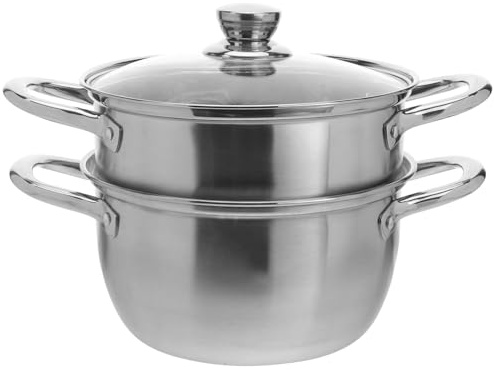 Acero Olla al Inoxidable Vaporera Cocinar Capa de Doble Vapor | Vaporera de Alimentos, Diseño Apilable, Tapa Arqueada Asa, Plata, Apta Cocina