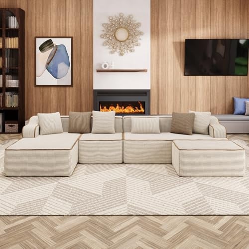 ALPHA HOME Ecksofa mit Schlaffunktion, U-Form Boneless Couch | Modulares Sofa mit 6 Zierkissen für das Wohnzimmer, Montagefrei, Cord, Beige