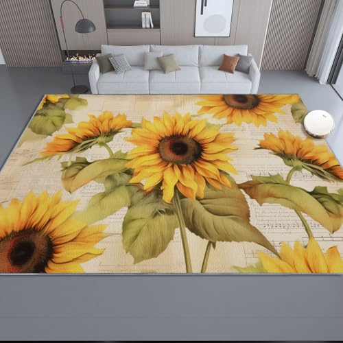 120 x 170 cm Rund Teppich Jugendzimmer Kurzflor Pflegeleicht, Braunes rutschfeste Rückseite, Landhausstil Blumen Sonnenblumen Waschbarer Teppich Wohnzimmer für Badezimmer Esszimmer