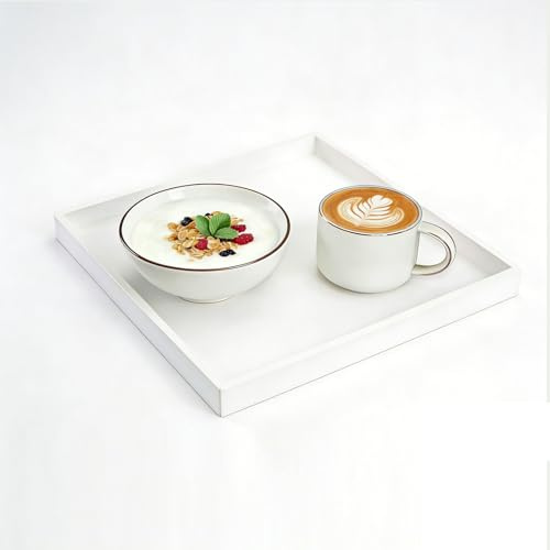 Wooden Tray 20x20x2 cm Serving Tray White Tray Non Slip Trays | Dinner Tray Small Trays for Eating on Lap Raised Edges & Lightweight Wooden Platters for Kitchen Square Breakfast Tray