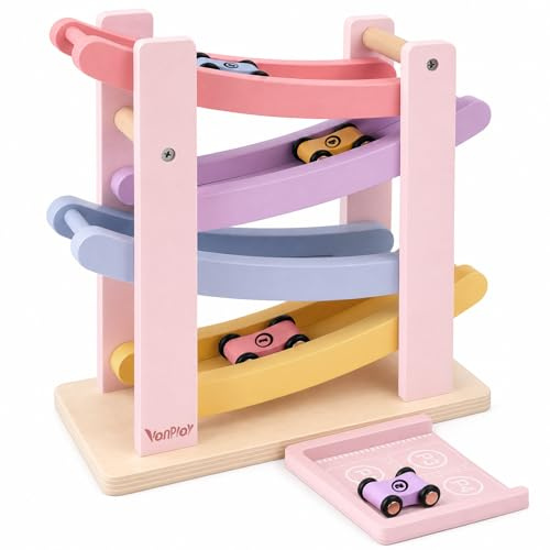 Vanplay Wooden Car Ramp Montessori Toys for 1 2 Year Old Girls | 4 Mini Cars, a Toy Garage, Baby Girls Gifts Toys for 1-2 Year Old, No Assembly Required, Pink