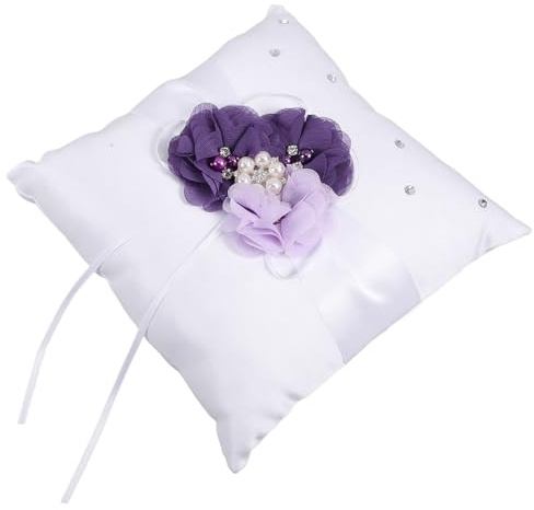 Violettes Ringträgerkissen 20x20cm mit Satin und Perlen für Hochzeit | Blumenform, Zarte Schleife und Kunstperle, Angenehme Haptik, Leicht zu Tragen, für Trauung