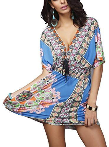 OCTOPUSIR Ladies Beach Wraps and Cover ups 2019 Women's V-Neck Bohemia Beach Dress Short Sleeves Boho Swimwear for Holiday Beachwear Bikini Bathing Suit Blue