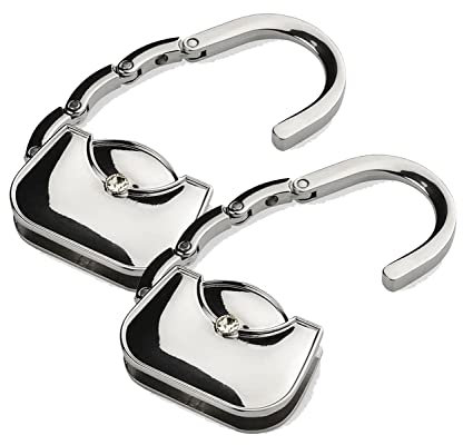 WPRO Handtaschenhalter Luisa 2er-Set – Metall, Silber, faltbar mit Etui – Taschenhaken für Tisch, rutschfest, Schutz vor Boden, Geschenkbox für Damen