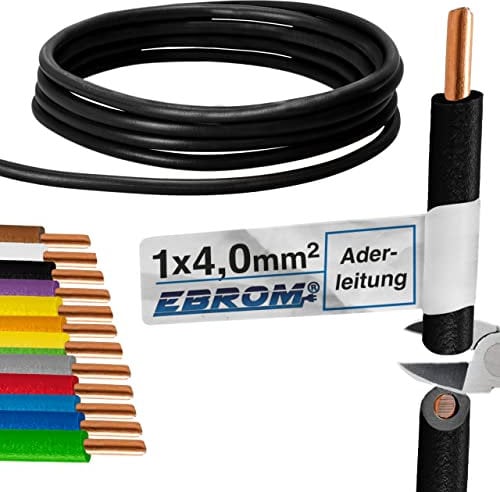 Conduttore – Singolo cavo rigido – Cavo in PVC – H07V-U 4 mm² – Colore: nero – molte lunghezze in incrementi di 5 metri, a scelta: 4 mm2 – Lunghezza: 10 metri