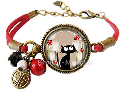Bracelet Chat noir jolies Coccinelles rouges cabochon bijou fantaisie cadeau Noël fille