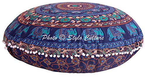 Stylo Culture Ethnisch Dekorativ Rund Bodenkissenbezug Boho 80x80 cm Groß Bodenkissen Patchwork Mandala Dunkelblau Bohemien Pom Pom Spitze Lounge-Sessel Baumwolle Elefant Boden Sitzkissen Rund