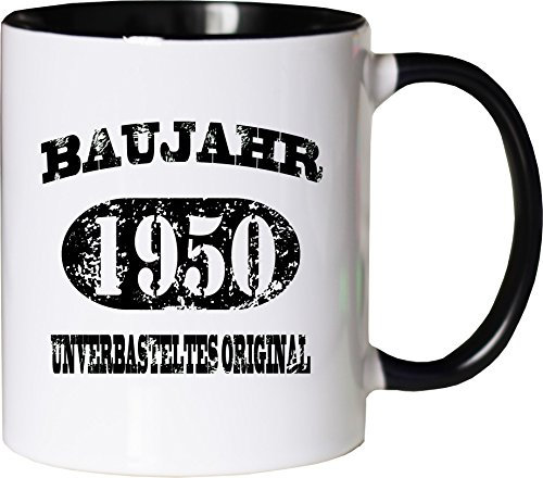 Mister Merchandise Becher Tasse Baujahr 1950 unverbasteltes Original Kaffee Kaffeetasse liebevoll Bedruckt Jahrgang Originalteile Parts Made in Weiß-Schwarz