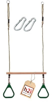h2i Trapez Schaukel mit Turnringen | Trapezstange aus Holz mit Seilen & Karabiner | Gymnastikringe aus Kunststoff in grün | Kinderschaukel Outdoor & Indoor | Turngeräte für Kinder