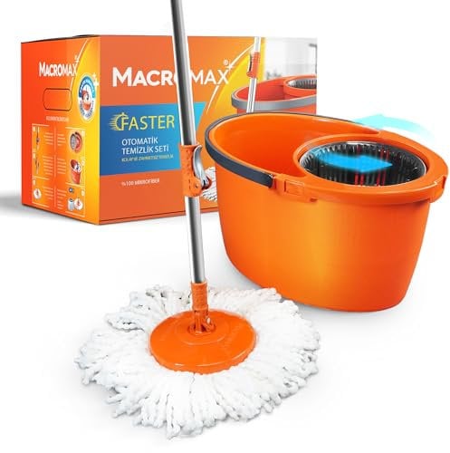 Macromax - Mocio rotante automatico da 16 l, 100% microfibra, manico telescopico, lavaggio automatico e cestello rimovibile per asciugare, realizzato al 90% in materiale riciclabile (set di mocio