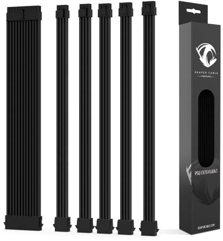 Reaper Cable Premiums - Sleeved PSU Extension Set - Aluminium Cable Combs - Power Supply Extensions - 1x 24 Pin/ 2x 4+4 Pin / 3x 6+2 Pin - 30cm (Black)