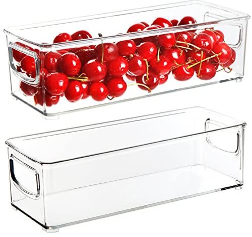 Youngever 4 Pack Plastic Fridge Organiser Set, Hard Stackable Fridge Storage Boxes, Re-usable Thick Organizer Container Bin, Clear Pantry Organization Bins, Kitchen Storage Bins (25CM x 10CM x 7.5CM)