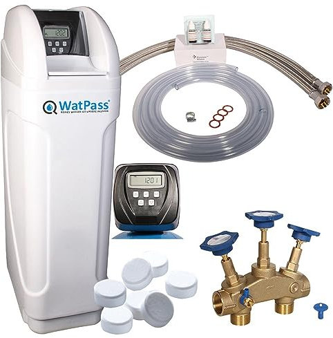 WatPass® Kalk 6000 Starterset - EN | Wasserenthärter Set| Montageblock | 25 kg Regeneriersalz | Anschlussset| Clack Ventil Mengensteuerung | Entkalkungsanlage für Haushalte bis 5 Personen