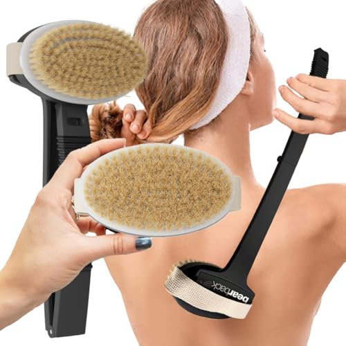 Bearback Trockenbürsten Körperbürste mit Naturborsten – Premium Peelingbürste für Dusche oder Trockenbürsten | Langer Klappgriff, abnehmbarer Bürstenkopf