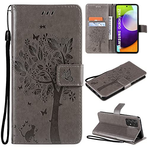 VEEMOS Handyhülle für Samsung Galaxy A52S A52 5G Hülle Klappbar Katze-Baum mit Kartenfach Klapphülle Schutzhülle Handy Tasche Leder Book Flip Case Cover Handytasche Damen - Grau