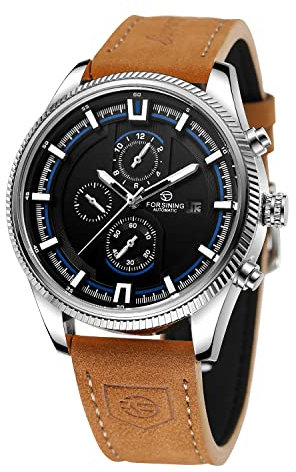 FORSINING Herren Automatik Tourbillon Wasserdicht Kalender mit braunem Lederband Armbanduhr, Schwarz und Braun2, Casual