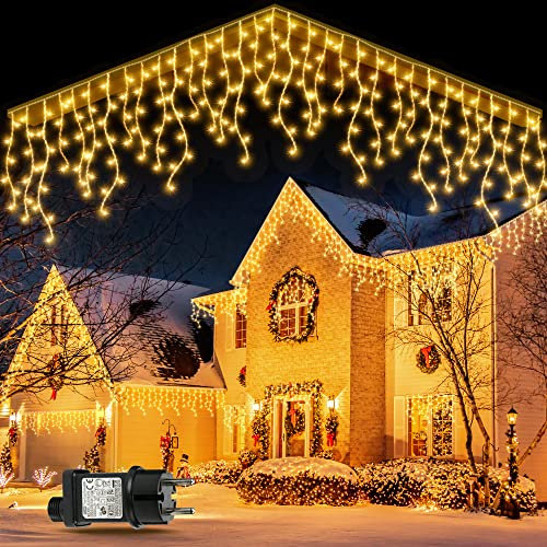 GYLEFY Eisregen Lichterkette Außen, 15M 600 LED Anschließbar Lichterkette Außen, Weihnachtsbeleuchtung Außen IP65 Wasserdicht Timer, 8Modi Lichterkette für Weihnachtsdeko Aussen Innen- Warmweiß