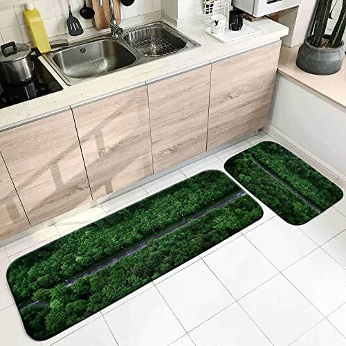 Antirutschmatte für Teppich, Waschbarer Teppich Küche Grün Baum und Straße 40X60cm+40X120cm Heimtextilien