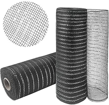 GouZaak Deko-Mesh-Band schwarz mit Silberfolien-Draht, 25,4 cm x 9,1 m, metallisches Netzband, Poly-Mesh-Rollen für DIY-Kranz, Weihnachtsbaum, Spinnennetz, Halloween-Dekoration, 2 Rollen