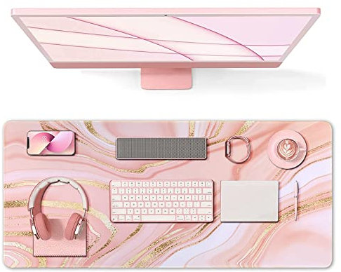 Anyshock Schreibtischunterlage, Gaming Mauspad groß, XXL Schreibtischunterlage (35.4x15.7 Zoll) mit rutschfester Gummiunterseite, genähte Kanten, Zuhause, Bürodekoration (Roségold Rosa)