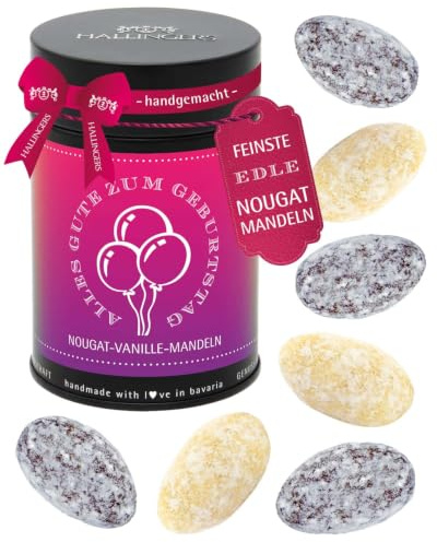 Hallingers Genuss Manufaktur Nougat-Mandeln Geburtstagsgeschenk - von Hand in der Manufaktur schokoliert ohne Alkohol in der Geschenkdose Alles Gute zum ..., Geschenke für Frauen Männer