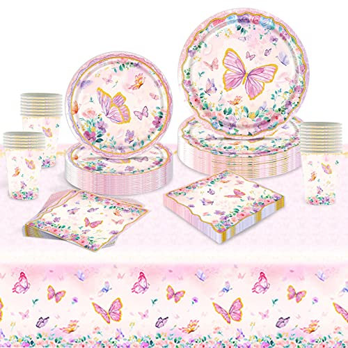 Stoviglie Per Feste Floreali Farfalla, Set Compleanno Bambina, Floreali Farfalla Piatti di Carta Bicchieri Tovaglioli per Tea Party, Matrimoni, Festa Compleanno (Tema-1)