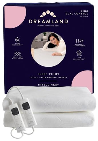Dreamland King Size Sleep Tight Deluxe Flauschige Matratzenwärmer/Unterdecke (Intelliheat Plus Fast Heat, maschinenwaschbar, 160 x 150 cm, 2 abnehmbare Regler, 4 Temperaturen und automatischer Timer)