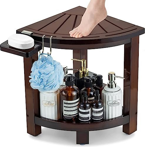 Panca angolare da doccia in teak con ripiano, sgabello angolare compatto in bambù con ripiano portaoggetti e portasapone, ideale per rasatura e doccia, sgabello salvaspazio da bagno