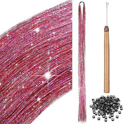 200 Haar Lametta mit Werkzeug Lametta Haarverlängerung Glitzer Haarteil zum Flechten Haarsträhne Kit für Frauen Mädchen Kinder Cosplay Party Zubehör (Rosa)