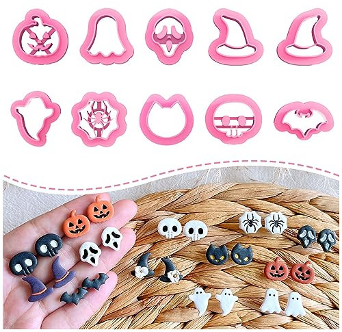 Keoker Emporte-pièces en argile polymère d'Halloween, pour bijoux en argile polymère, 10 formes pour boucles d'oreilles en argile d'Halloween, citrouille d'Halloween (clous d'argile)