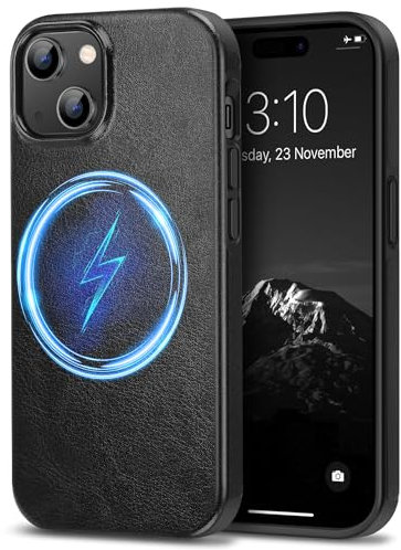 TENDLIN Magnetische Schutzhülle Kompatibel mit iPhone 15 Hülle Leder und TPU Silikon Hybrid Handyhülle (kompatibel mit MagSafe) Schwarz