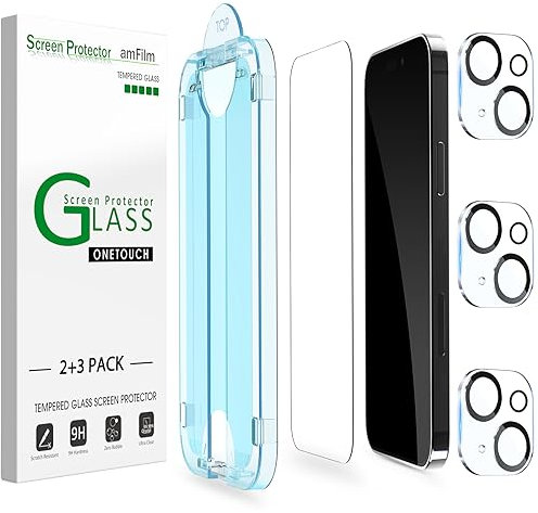 amFilm OneTouch for iPhone 15 6.1 Screen Protector Tempered Glass and Camera Lens Protector Accessories, Premium Easiest Installation Kit 9H, Case Friendly, 2+3 Pack