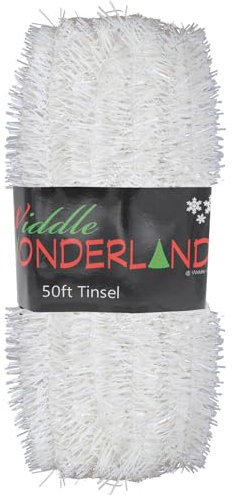 Widdle Gifts Espumillón blanco extralargo de 15 m x 3 cm, decoración de Navidad, manualidades, árboles de Navidad y decoraciones de fiesta (blanco)
