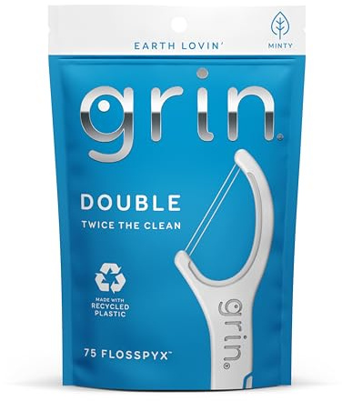 GRIN Double Flosspyx, Floss Picks, 75 Count, Dental Flossers, Minty Flavor, Recycled Plastic, 2 Lines of Strong Floss, Longer Floss Head, Traps Food and Plaque, Includes Safe Soft Fold-Back Tooth Pick
