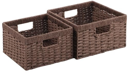 YheenLf aufbewahrungskörbe, 2er-Pack korb (30x30x17.5cm/25.5x25.5x16cm), aufbewahrungsbox geflochten, Stapelbare Regalkörbe, Aufbewahrungsboxen für Schlafzimmer und Badezimmer, Schöner Basket, Braun