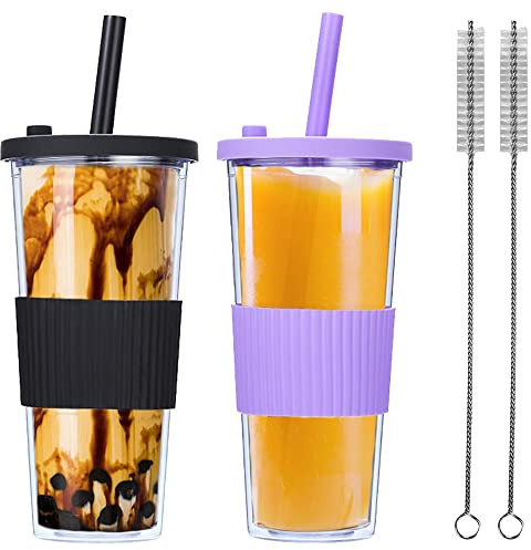 BEVKAF 2 Pack Reusable Boba Tea Cups, 24oz Leakproof Double Wall Smoothie Tumbler, Iced Coffee Cup, Wide Straw for Bubble Tea (Black & Purple)