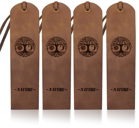 MAYJOYDIY 4 Stück Lebensbaum Leder Lesezeichen Sonne Mond Leder Seitenmarker 5×18cm „Natur“ Text Handgefertigtes Vintage Lesezeichen Zum Lesen Für Bücherwürmer Schriftsteller Männer Frauen Geschenke