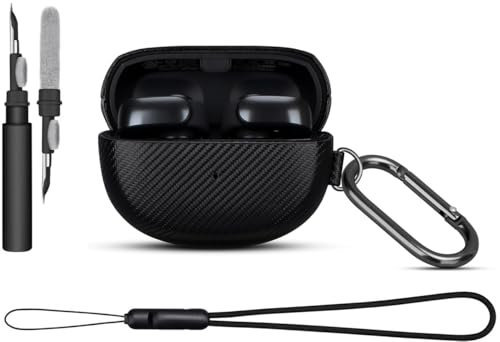 Haobobro [Karbonfaser Textur] Bose Ultra Open Ear Earbuds Hülle Case - Premium PU Leder Schutzhülle mit Reinigungsset & Karabiner & Tragebandschlaufe - kompatibel mit Bose Ultra Kopfhörer - Schwarz