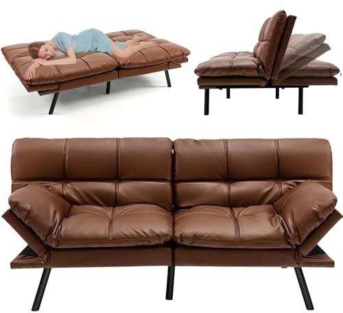 RELAX4LIFE Canapé-lit Convertible 5-en-1 en PU avec Dossier Réglables à 3 Niveaux | Accoudoirs Réglables à 4 Niveaux| Pieds en Métal, Canapé-Lit Moderne à Dossier Divisé (Polyuréthane (PU),Brun)