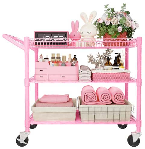 YNN Pink Rolling Cart, 990Lbs 3 Tier Heavy Duty Metal Cart with Wheels & Handle NSF Wheeled Cart 31 D x 18 W x 33 H for Bedroom, Bathroom, Kitchen,Garden,Decor,Serving