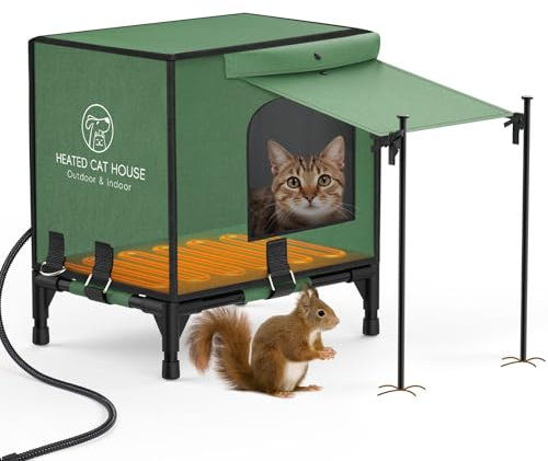 Pawaboo Erhöhter Boden Beheiztes Katzenhaus für Katzen Outdoor, Wasserdicht Isoliert Katzenhaus für Winter im Freien mit Heizkissen, Warm Winddicht Wetterfest Katzenhütte für Kätzchen Wildkatze, S