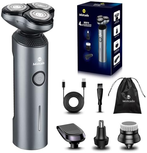 Elektrischer Rasierer für Männer, 4-in-1-Gesichtsrasierer-Set, kabellos, wasserdicht, Rotationsrasierer mit Reise-Bartschneider, Nasentrimmer und Gesichtsreinigungsbürste (Grau)