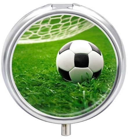 Pillendose mit grünem Gras, Fußball-Design, rund, 3 Fächer, dekorativ, tragbar, Reise-Pillenhalter, Tablette, Vitamin-Organizer, Mini-Pillendose