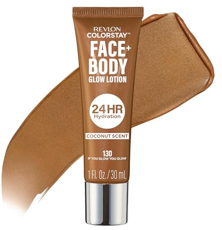 Revlon ColorStay Face & Body Glow Lotion – Hydrating Bronzer with Coconut Scent, Radiant Luminising Finish, 24-Hour Hydration, If You Glow You Glow | Tinted Face & Body Lotion, Natural and Luminous Radiance, Non Greasy Finish, 24H Hydration