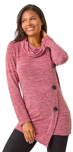 Roman Originals Cowl Neck Buttoned Top for Women UK - Ladies Everyday Autumn Winter Comfy Soft Evening Vacation Work Party Night Out - Red - Size 14