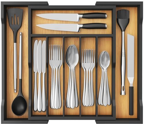 Lifewit Large Bamboo Cutlery Drawer Organiser, Expandable Cutlery Tray for Kitchen Drawers Insert, Wood Utensil Holder Adjustable Storage for Spoons Forks Knives, Black& Natural