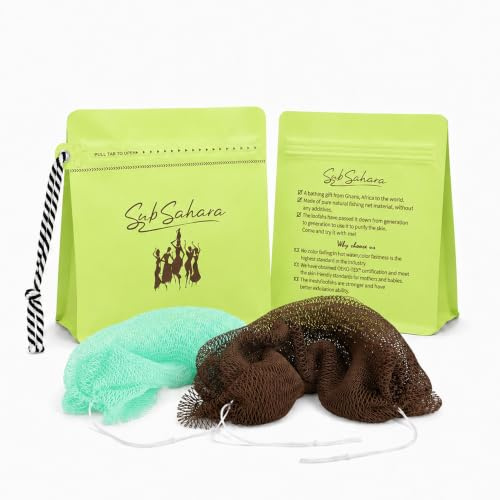 SubSahara African Net Sponge 2 Pack,45-Inch Body & Back Scrubber | Nylon raw material sourced from Africa; 45-inch knotted mesh for body and back, rich lather, quick rinse and air-dry care