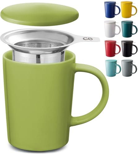 Cosumy Teetasse mit Sieb und Deckel - Keramik Matcha Grün - Hält Lange warm - 400ml Groß - Spülmaschinenfest